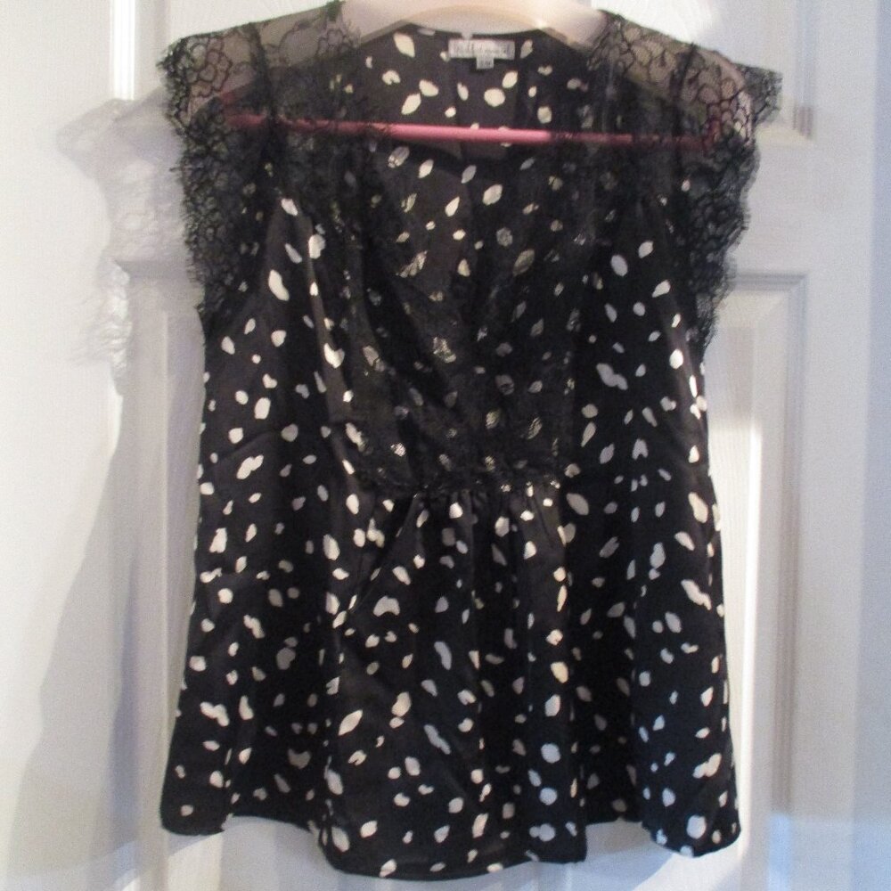Wishlist Apparel S/M Black and Cream Spot Blouse with Lace Cap Sleeve and Neck